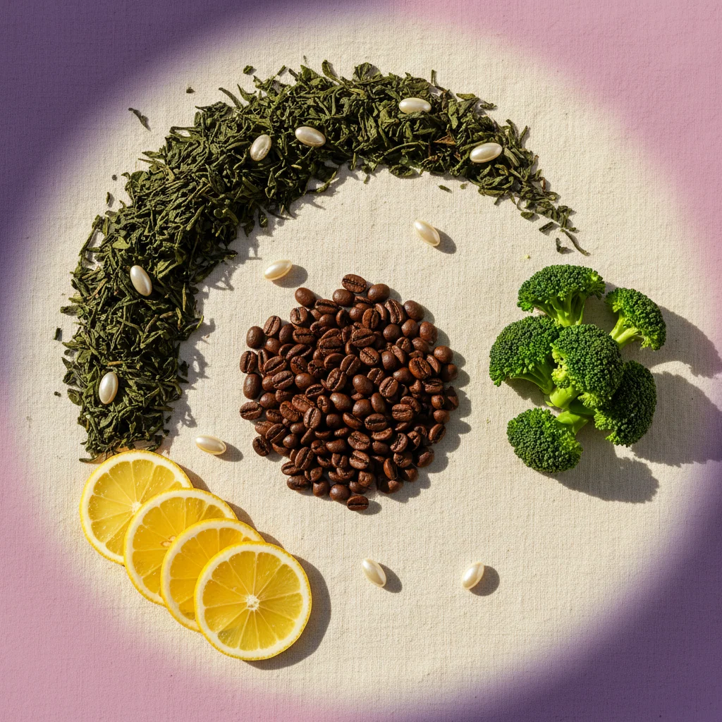Natural botanicals and ingredients flat-lay representing the plant extracts in Wellaray Coffee
